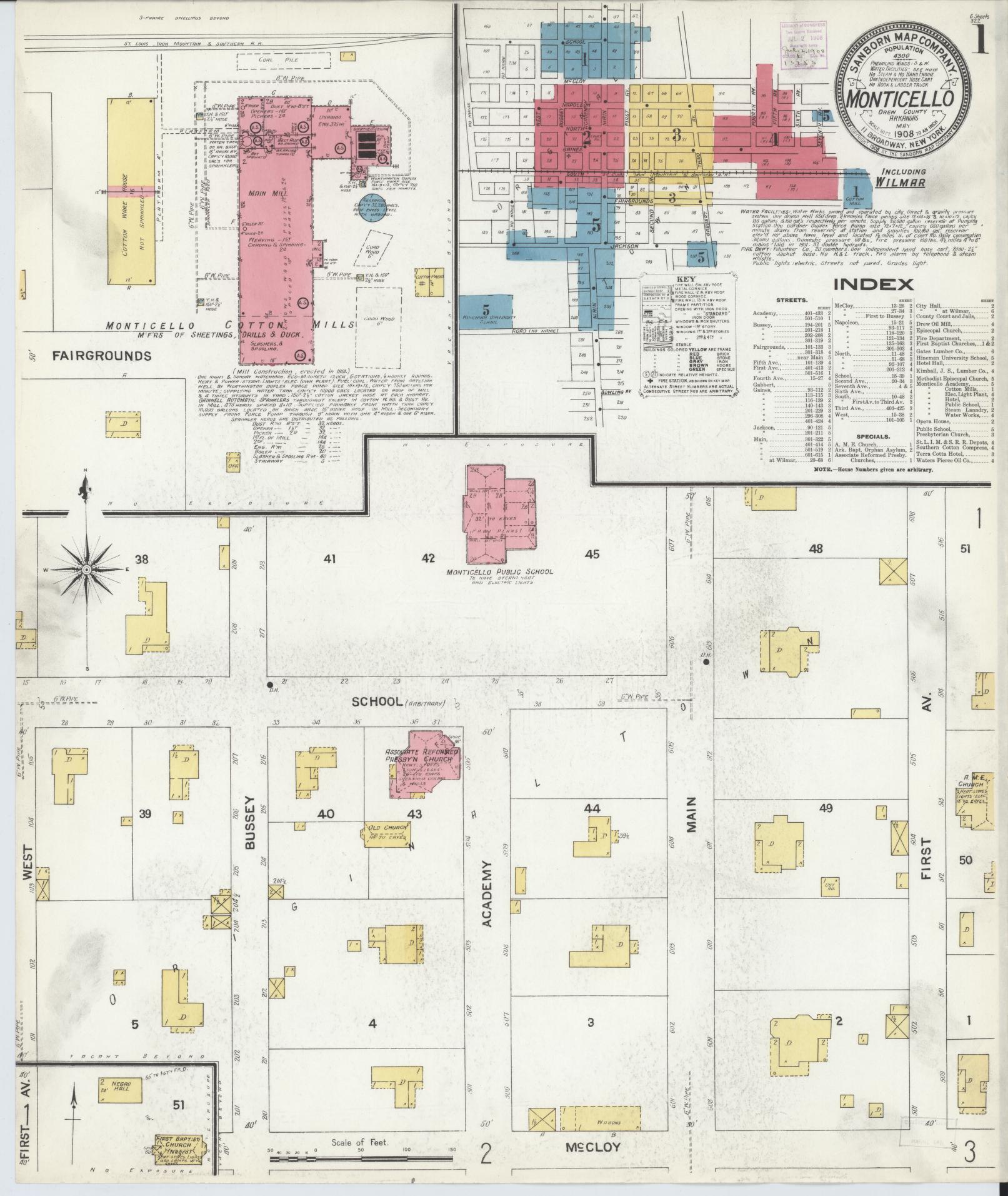 Sanborn Fire Insurance Map from Monticello, Drew County, Arkansas (1908), Sheet #0001 - Historic Sanborn Fire Insurance Map Print, vintage old map wall art, antique decor, genealogy gift, Arkansas Arkansas map