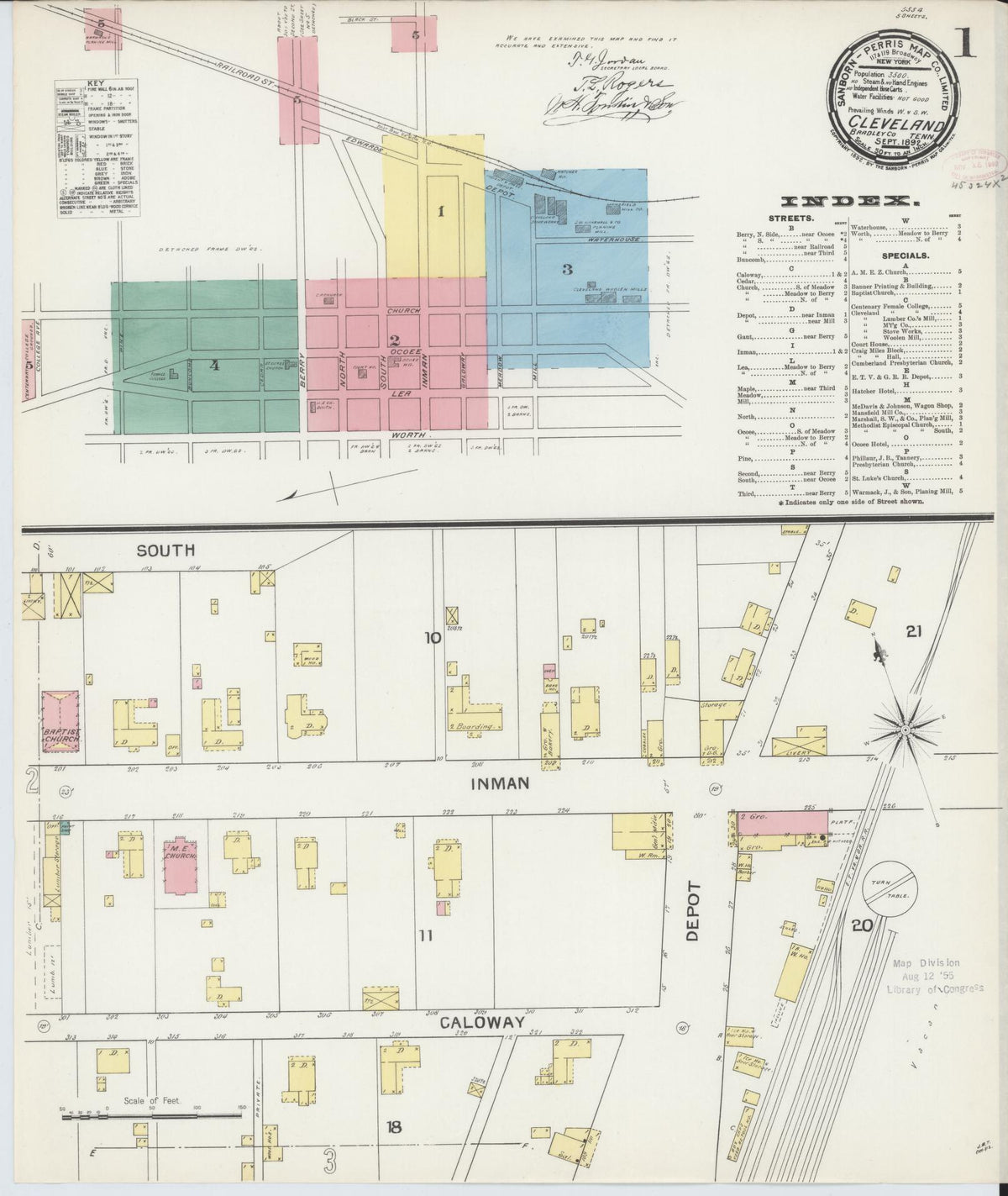 Sanborn Fire Insurance Map from Cleveland, Bradley County, Tennessee (1892), Sheet #0001 - Complete Map Set gallery image, historic Sanborn map, vintage wall art, Tennessee Tennessee
