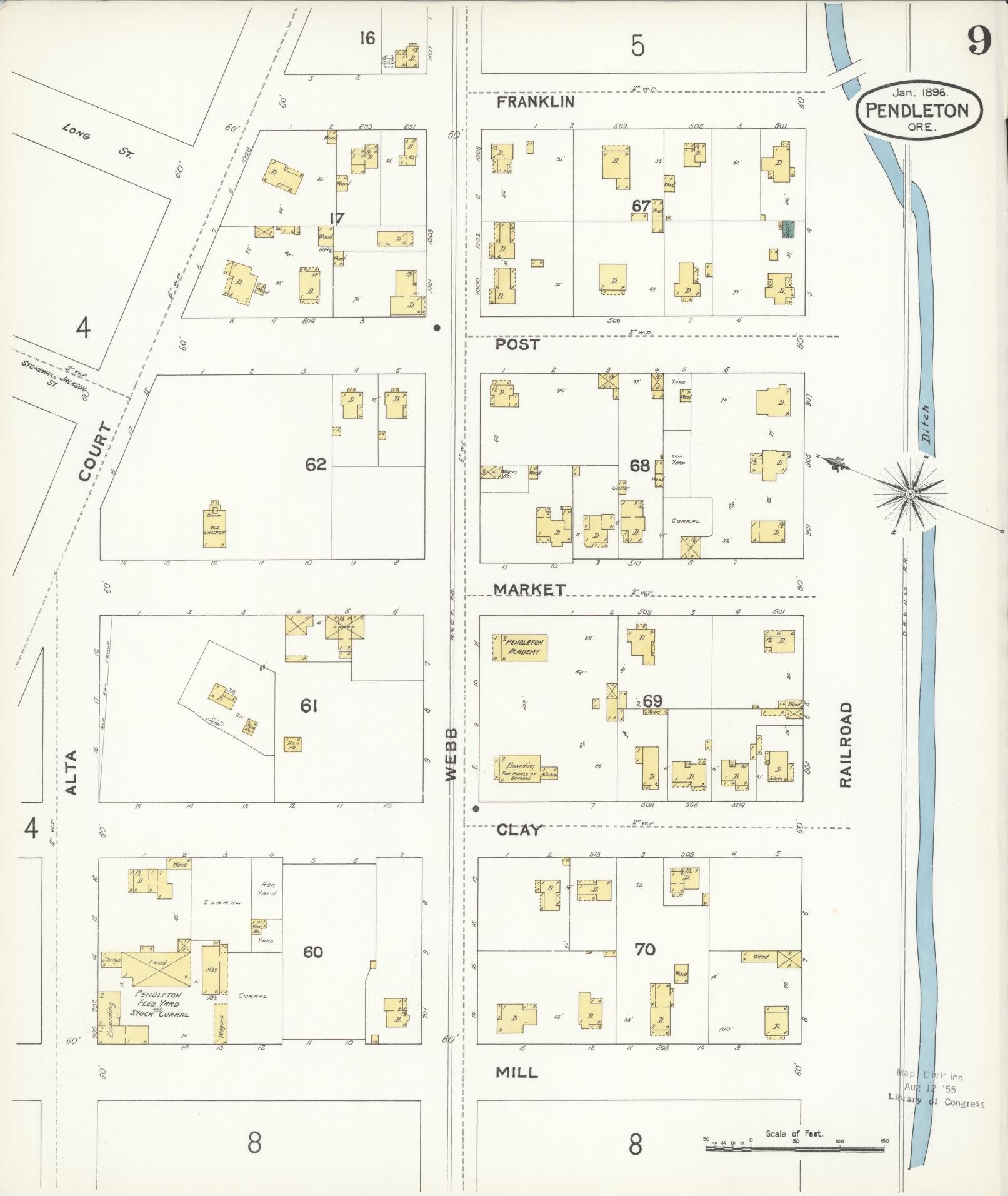 Sanborn Fire Insurance Map from Pendleton, Umatilla County, Oregon (1896), Sheet #0009 - Historic Sanborn Fire Insurance Map Print, vintage old map wall art, antique decor, genealogy gift, Oregon Oregon map