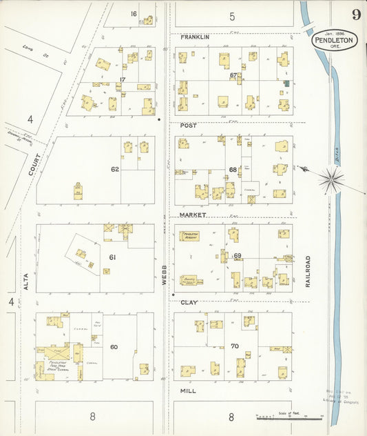 Sanborn Fire Insurance Map from Pendleton, Umatilla County, Oregon (1896), Sheet #0009 - Historic Sanborn Fire Insurance Map Print, vintage old map wall art, antique decor, genealogy gift, Oregon Oregon map