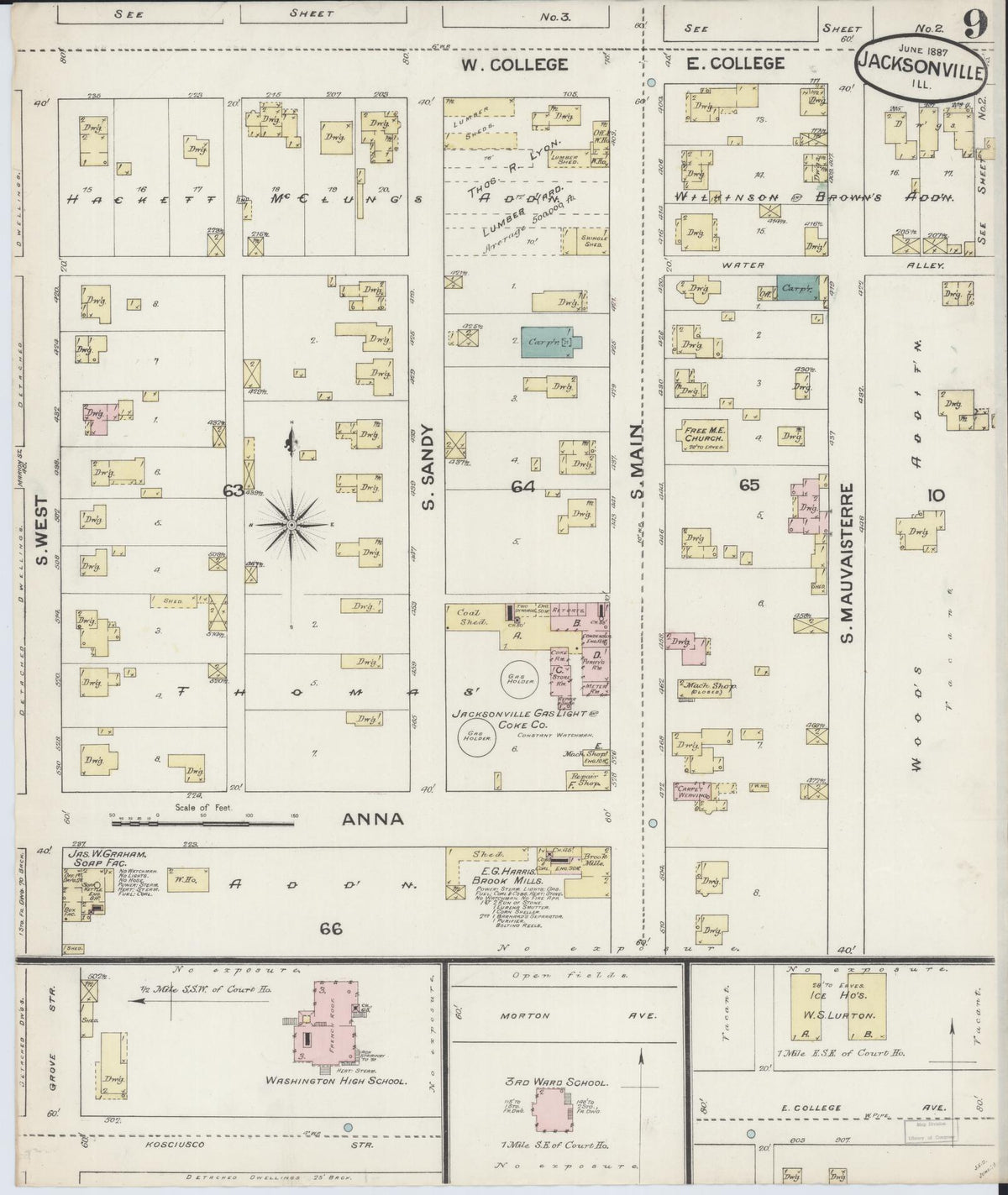 Sanborn Fire Insurance Map from Jacksonville, Morgan County, Illinois (1887), Sheet #0009 - Complete Map Set gallery image, historic Sanborn map, vintage wall art, Illinois Illinois