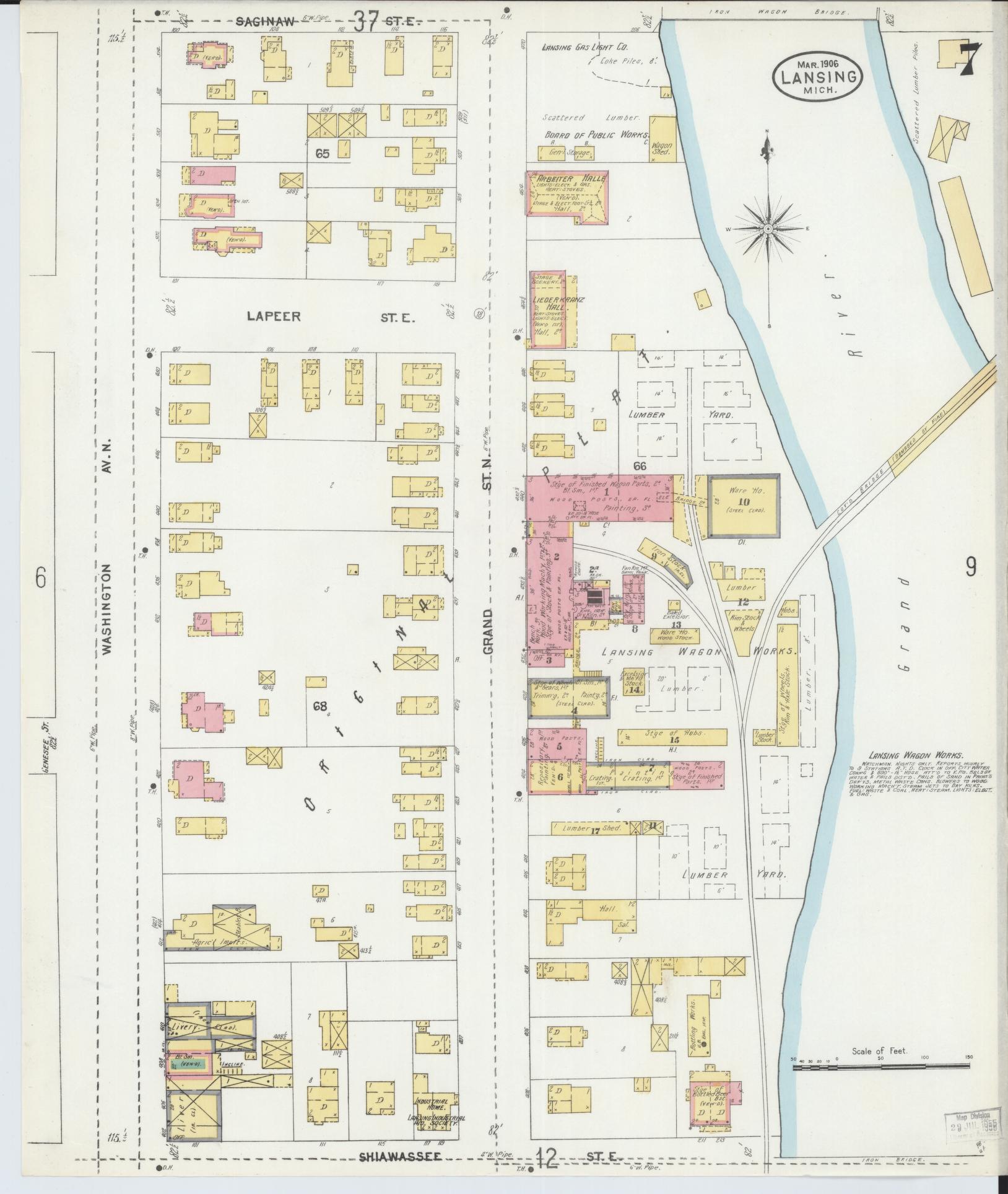 Sanborn Fire Insurance Map from Lansing, Ingham County, Michigan (1906), Sheet #0007 - Complete Map Set gallery image, historic Sanborn map, vintage wall art, Michigan Michigan