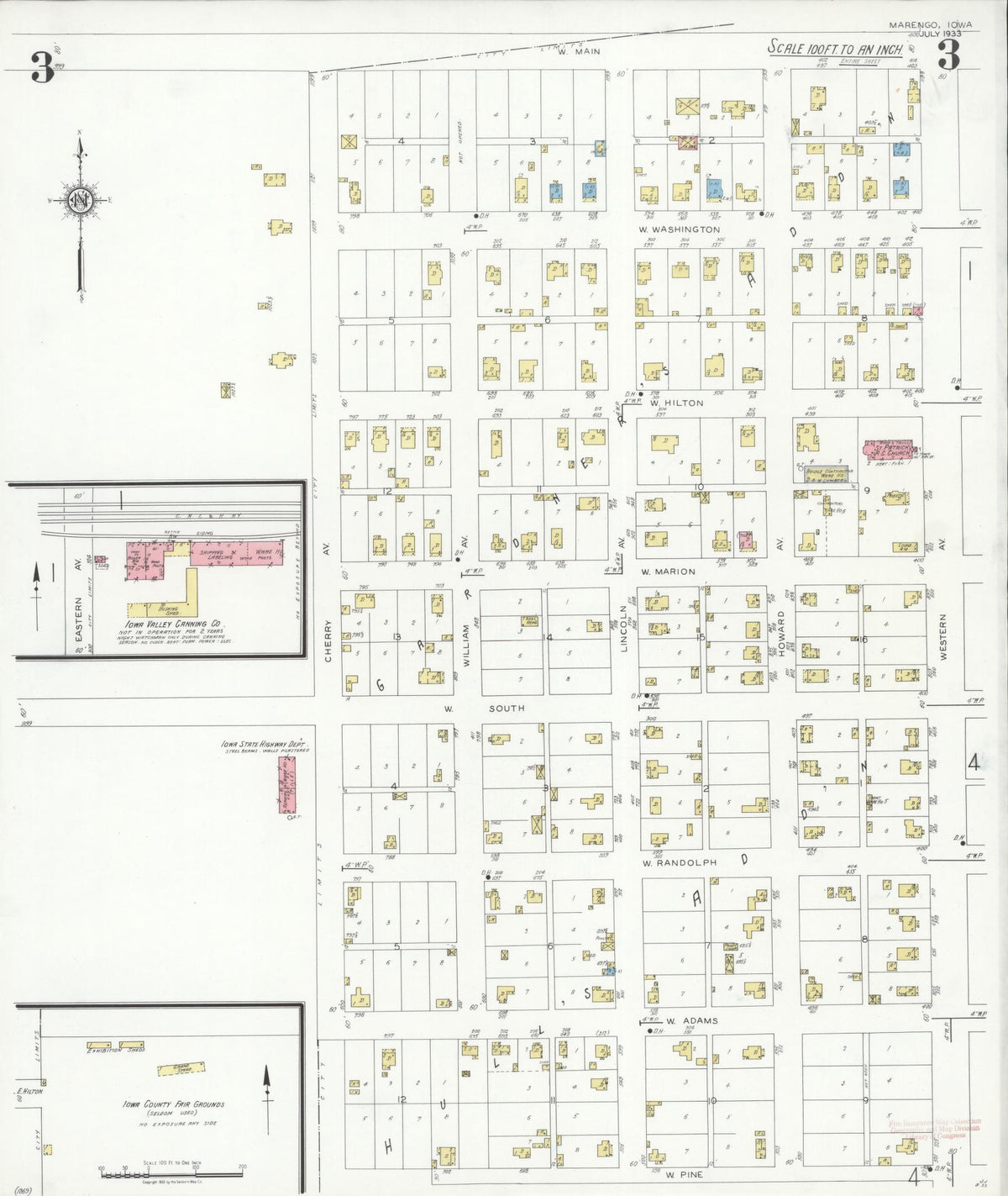Sanborn Fire Insurance Map from Marengo, Iowa County, Iowa (1933), Sheet #0003 - Historic Sanborn Fire Insurance Map Print, vintage old map wall art