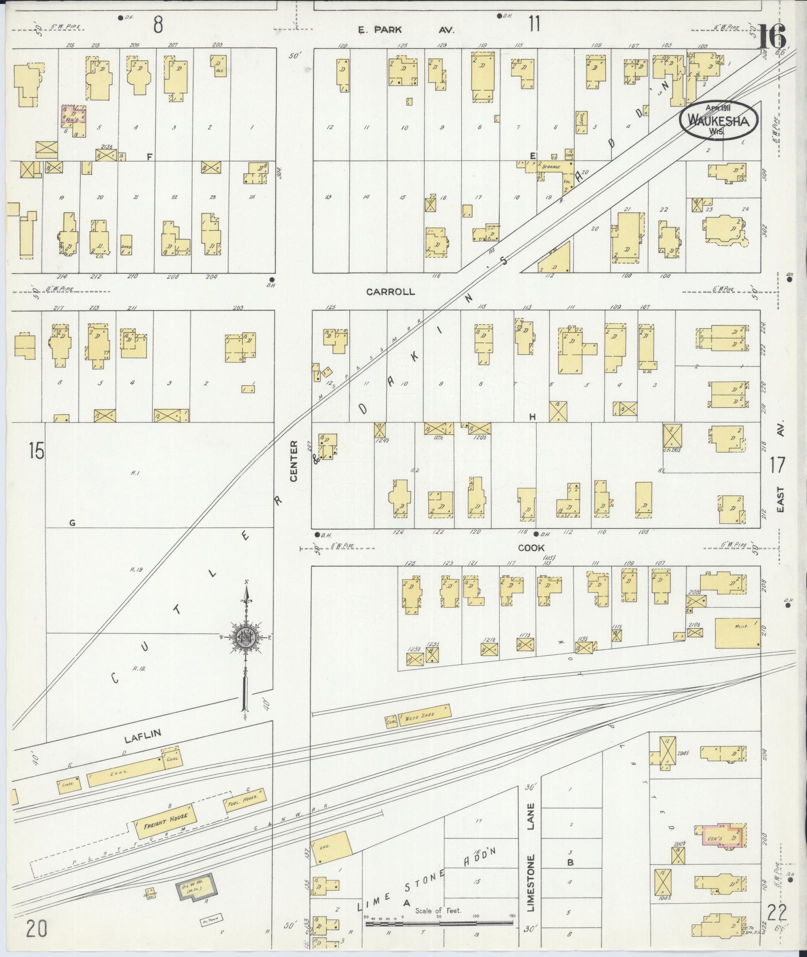 Sanborn Fire Insurance Map from Waukesha, Waukesha County, Wisconsin (1911), Sheet #0016 - Historic Sanborn Fire Insurance Map Print, vintage old map wall art, antique decor, genealogy gift, Wisconsin Wisconsin map