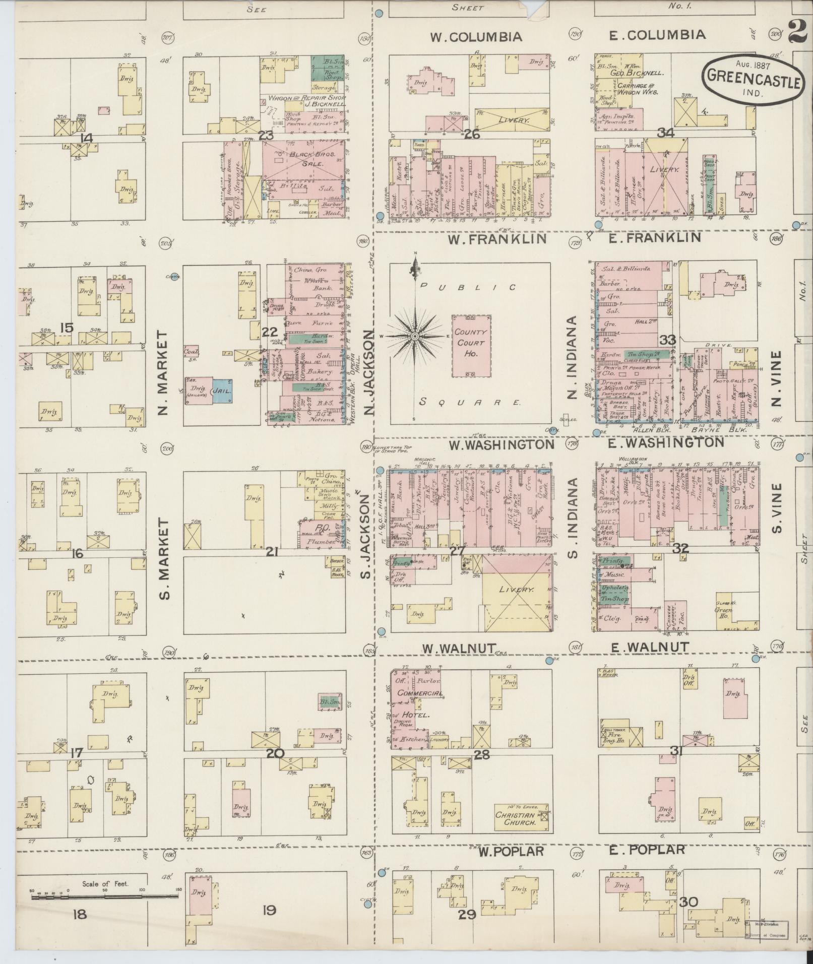 Sanborn Fire Insurance Map from Greencastle, Putnam County, Indiana (1887), Sheet #0002 - Complete Map Set gallery image, historic Sanborn map, vintage wall art, Indiana Indiana
