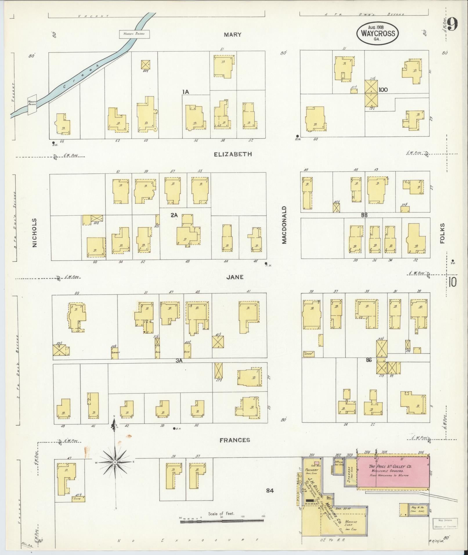 Sanborn Fire Insurance Map from Waycross, Ware County, Georgia (1908), Sheet #0009 - Historic Sanborn Fire Insurance Map Print, vintage old map wall art, antique decor, genealogy gift, Georgia Georgia map