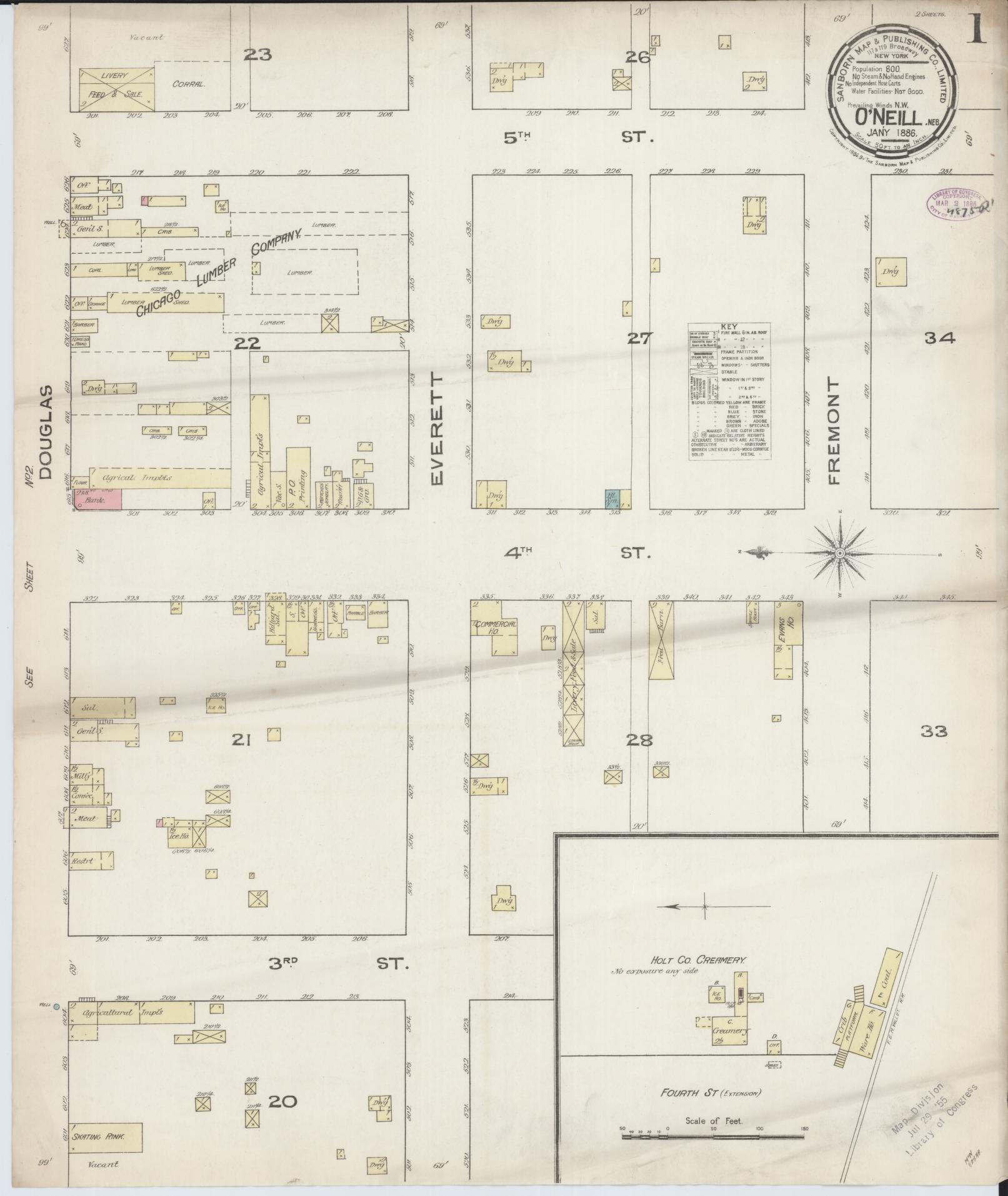 Sanborn Fire Insurance Map from O'Neill, Holt County, Nebraska (1886), Sheet #0001 - Historic Sanborn Fire Insurance Map Print, vintage old map wall art, antique decor, genealogy gift, Nebraska Nebraska map