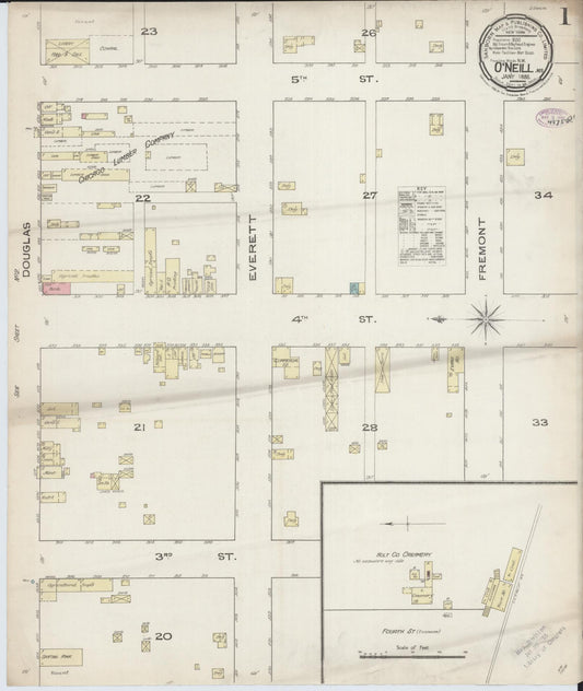Sanborn Fire Insurance Map from O'Neill, Holt County, Nebraska (1886), Sheet #0001 - Historic Sanborn Fire Insurance Map Print, vintage old map wall art, antique decor, genealogy gift, Nebraska Nebraska map