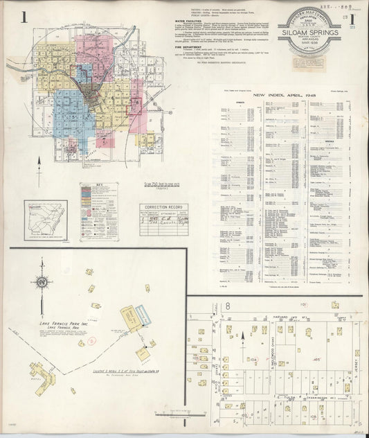 Sanborn Fire Insurance Map from Siloam Springs, Benton County, Arkansas (1948), Sheet #0001 - Complete Map Set gallery image, historic Sanborn map, vintage wall art, Arkansas Arkansas