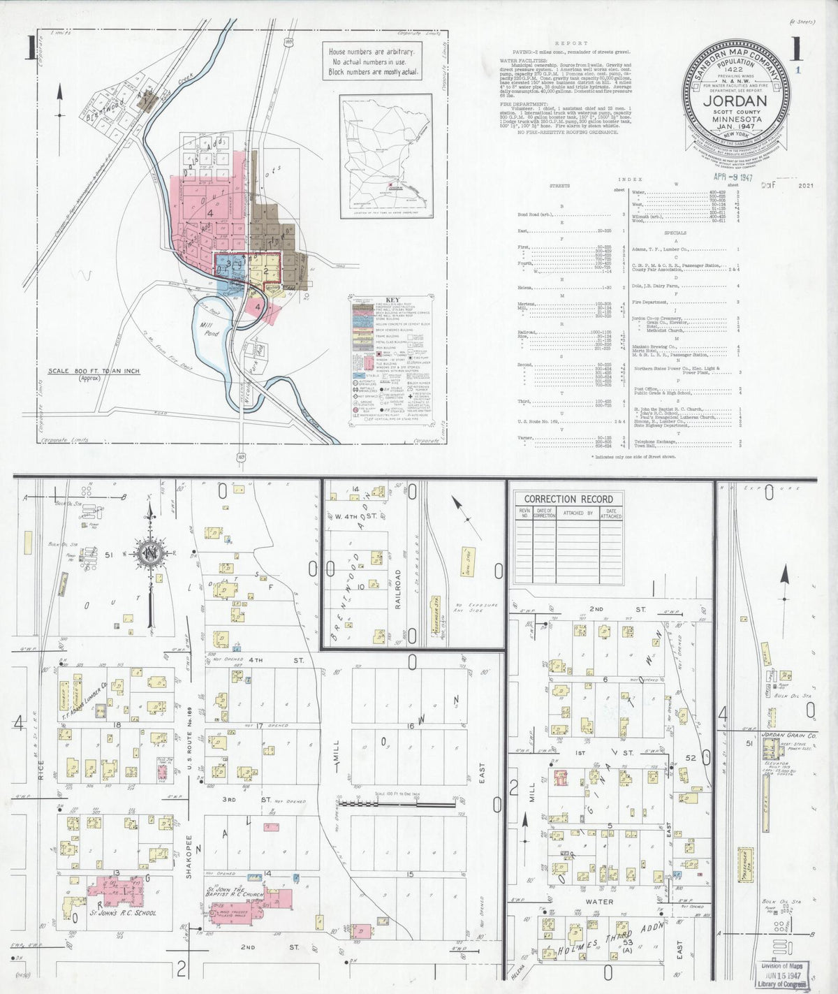 Sanborn Fire Insurance Map from Jordan, Scott County, Minnesota (1947), Sheet #0001 - Historic Sanborn Fire Insurance Map Print, vintage old map wall art, antique decor, genealogy gift, Minnesota Minnesota map
