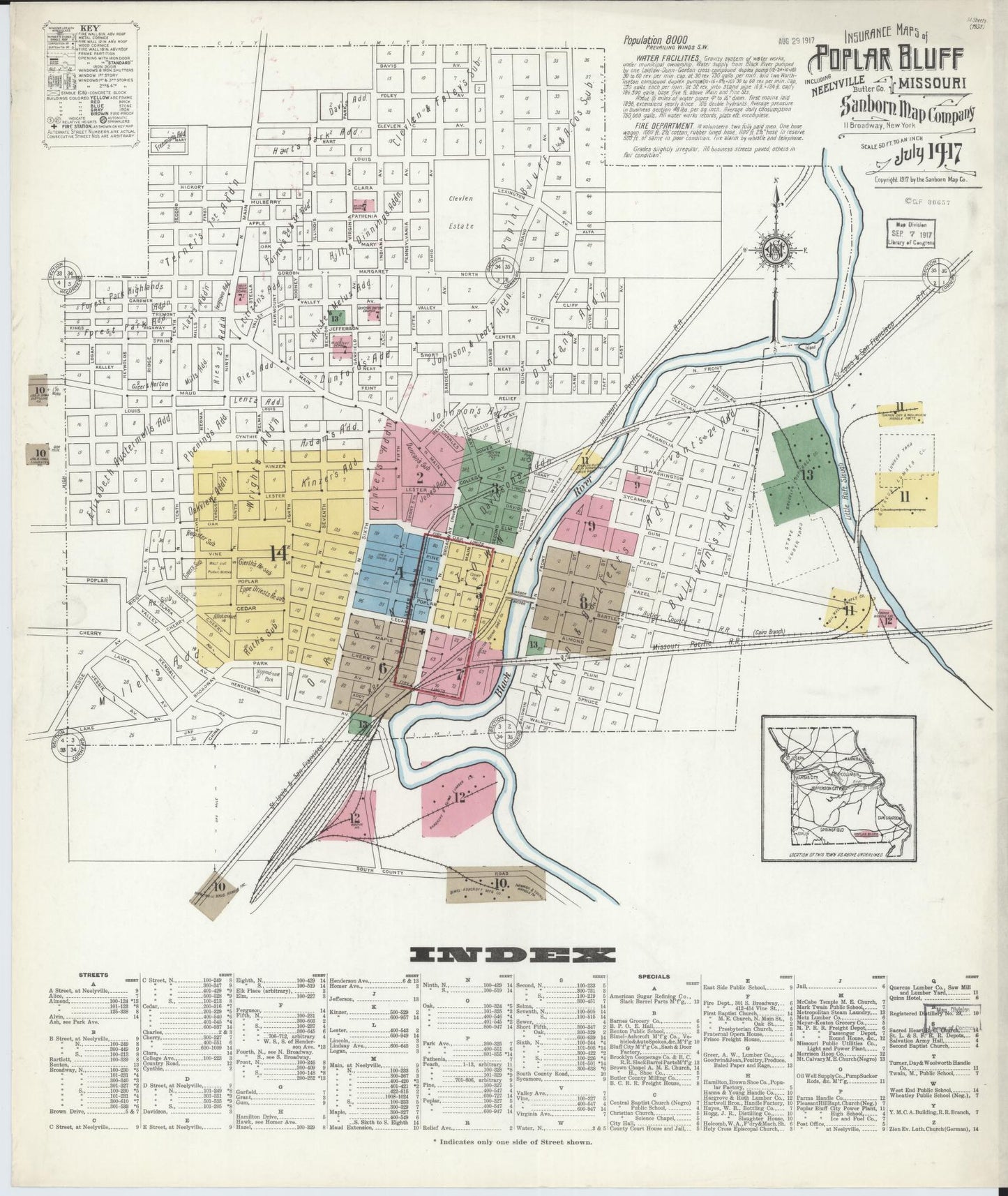 Sanborn Fire Insurance Map from Poplar Bluff, Butler County, Missouri (1917), Sheet #0001 - Complete Map Set gallery image, historic Sanborn map, vintage wall art, Missouri Missouri