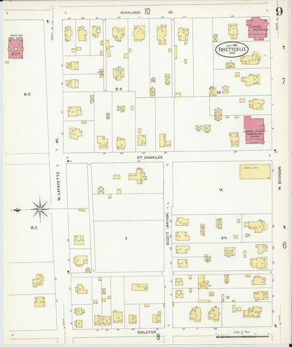 Sanborn Fire Insurance Map from Fayetteville, Washington County, Arkansas (1908), Sheet #0009 - Complete Map Set gallery image, historic Sanborn map, vintage wall art, Arkansas Arkansas