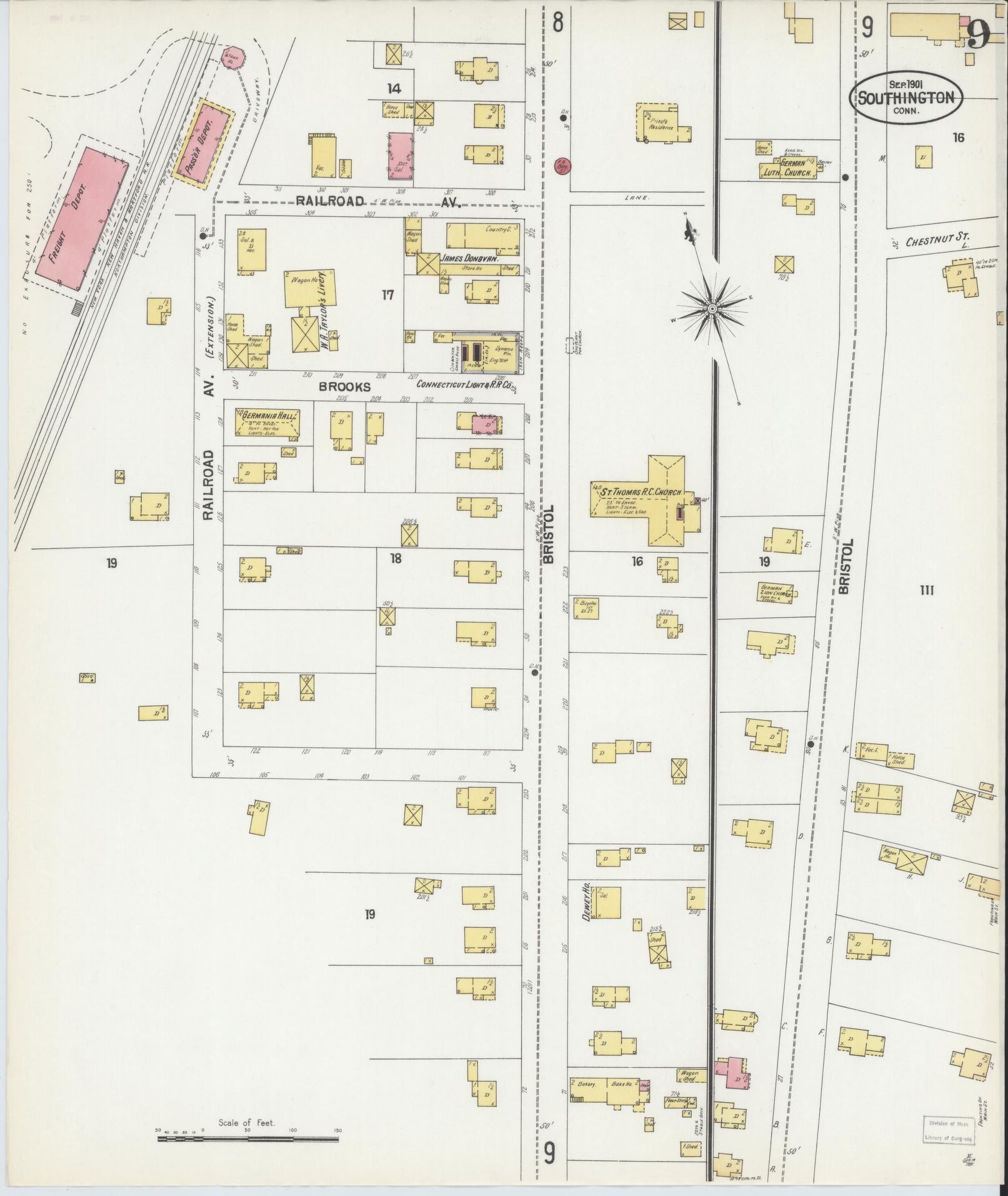 Sanborn Fire Insurance Map from Southington, Hartford County, Connecticut (1901), Sheet #0009 - Complete Map Set gallery image, historic Sanborn map, vintage wall art, Connecticut Connecticut