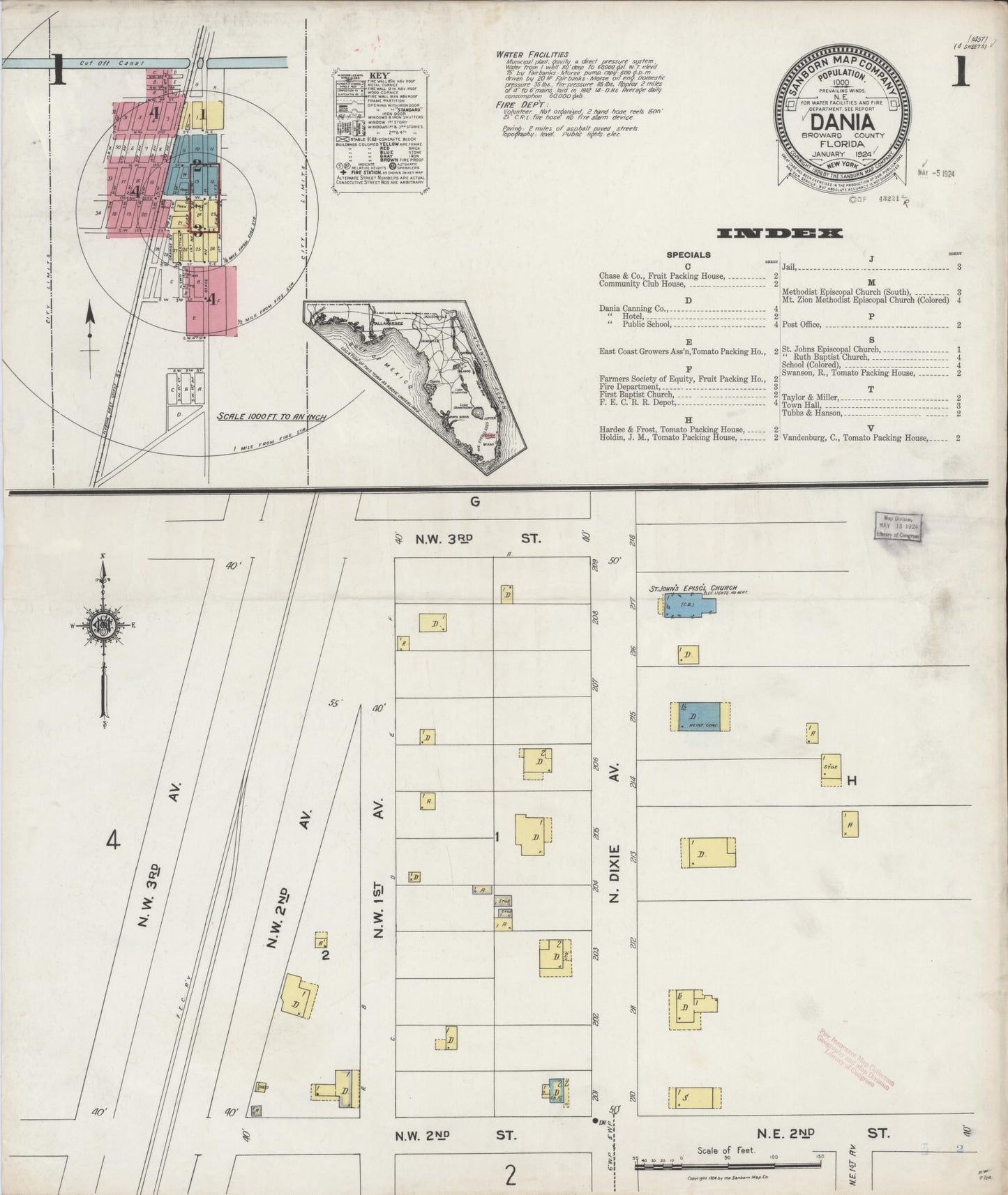Sanborn Fire Insurance Map from Dania, Broward County, Florida (1924), Sheet #0001 - Complete Map Set gallery image, historic Sanborn map, vintage wall art, Florida Florida