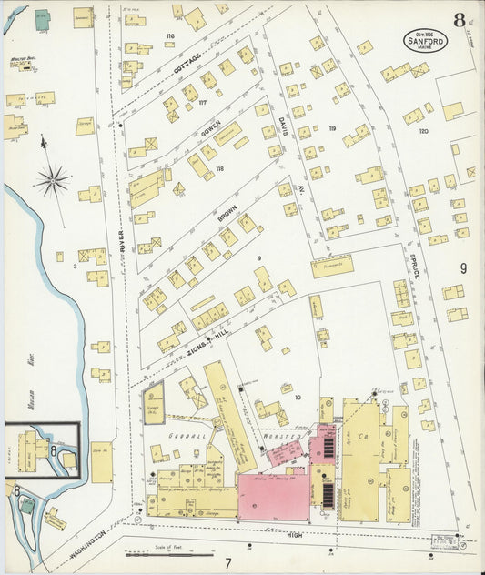Sanborn Fire Insurance Map from Sanford, York County, Maine (1906), Sheet #0008 - Historic Sanborn Fire Insurance Map Print, vintage old map wall art, antique decor, genealogy gift, Maine Maine map