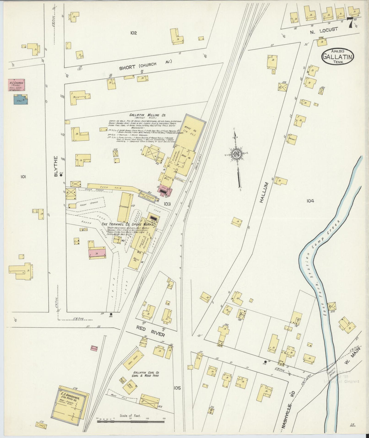Sanborn Fire Insurance Map from Gallatin, Sumner County, Tennessee (1913), Sheet #0007 - Complete Map Set gallery image, historic Sanborn map, vintage wall art, Tennessee Tennessee