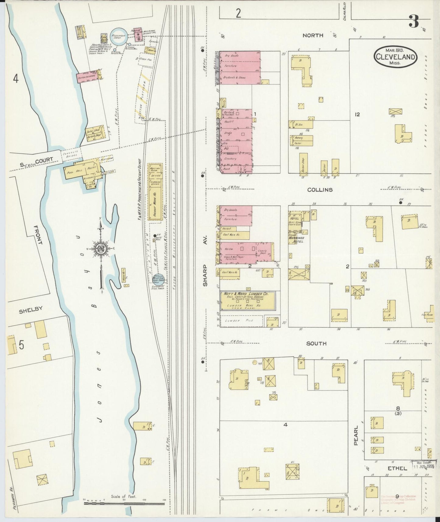 Sanborn Fire Insurance Map from Cleveland, Bolivar County, Mississippi (1913), Sheet #0003 - Complete Map Set gallery image, historic Sanborn map, vintage wall art, Mississippi Mississippi