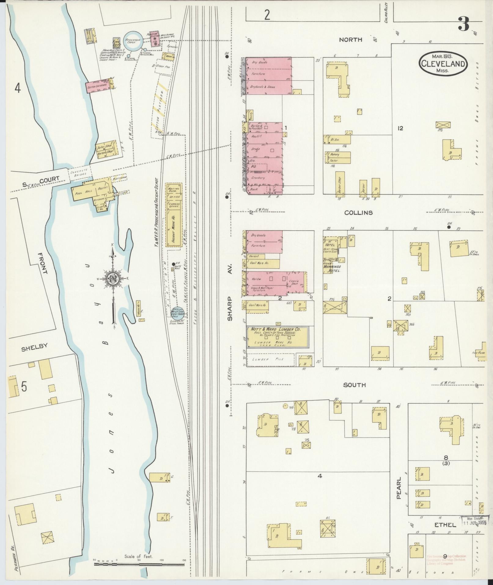 Sanborn Fire Insurance Map from Cleveland, Bolivar County, Mississippi (1913), Sheet #0003 - Complete Map Set gallery image, historic Sanborn map, vintage wall art, Mississippi Mississippi
