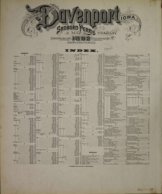 Sanborn Fire Insurance Map from Davenport, Scott County, Iowa (1892), Sheet #0001 - Historic Sanborn Fire Insurance Map Print, vintage old map wall art