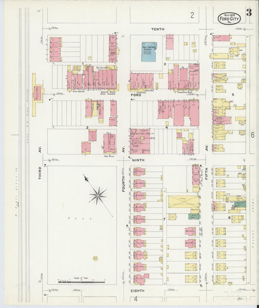 Sanborn Fire Insurance Map from Ford City, Armstrong County, Pennsylvania (1908), Sheet #0003 - Historic Sanborn Fire Insurance Map Print, vintage old map wall art, antique decor, genealogy gift, Pennsylvania Pennsylvania map