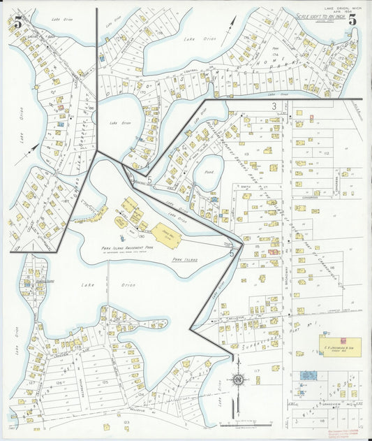 Sanborn Fire Insurance Map from Lake Orion, Oakland County, Michigan (1934), Sheet #0005 - Historic Sanborn Fire Insurance Map Print, vintage old map wall art, antique decor, genealogy gift, Michigan Michigan map