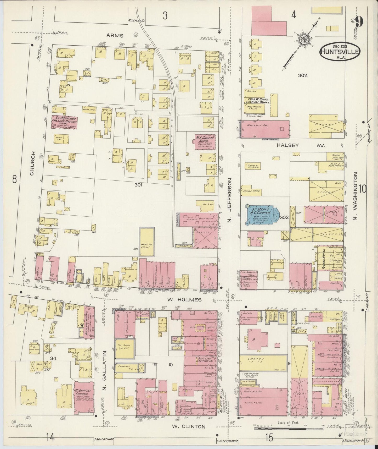 Sanborn Fire Insurance Map from Huntsville, Madison County, Alabama (1913), Sheet #0009 - Complete Map Set gallery image, historic Sanborn map, vintage wall art, Alabama Alabama