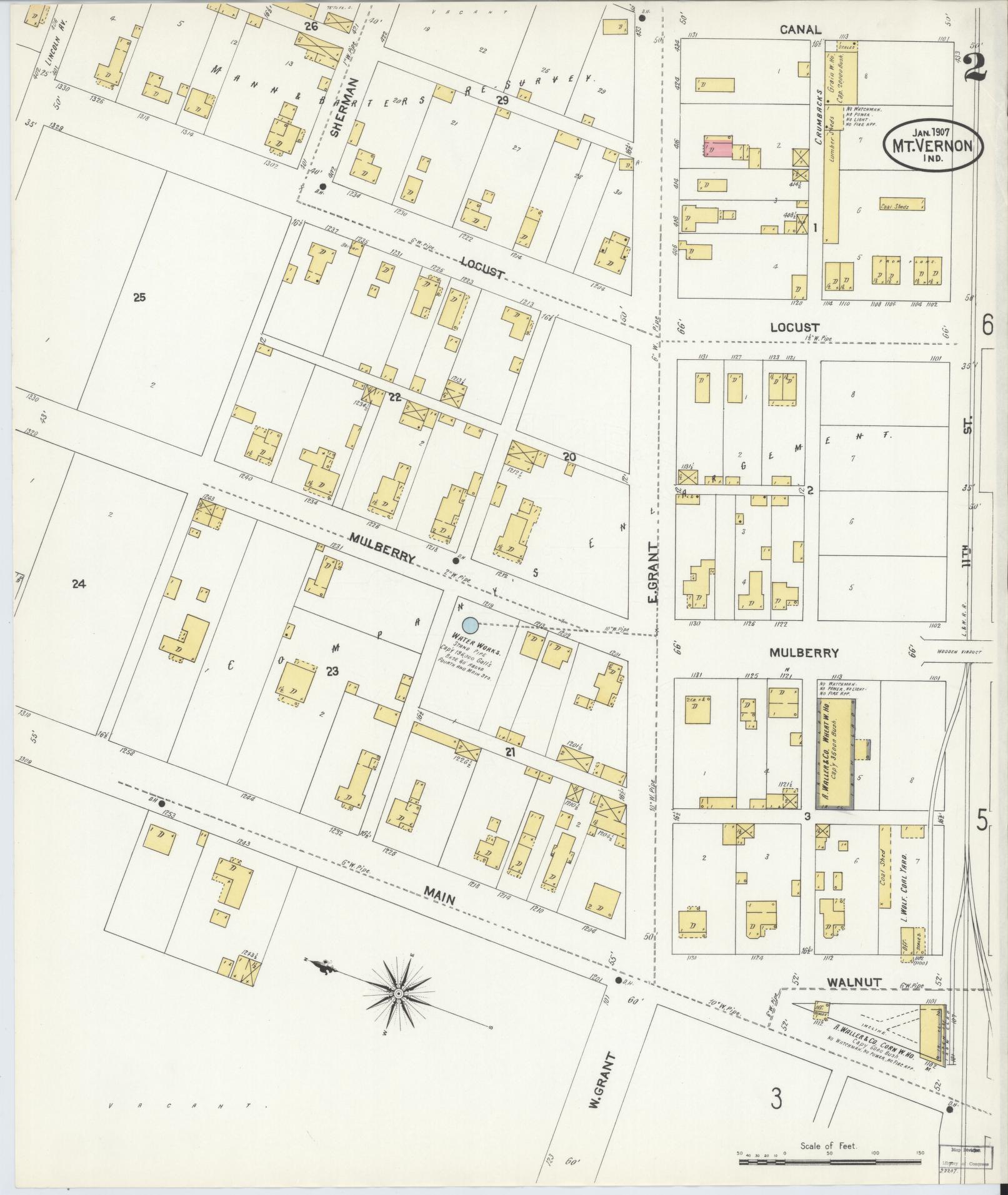 Sanborn Fire Insurance Map from Mount Vernon, Posey County, Indiana (1907), Sheet #0002 - Complete Map Set gallery image, historic Sanborn map, vintage wall art, Indiana Indiana