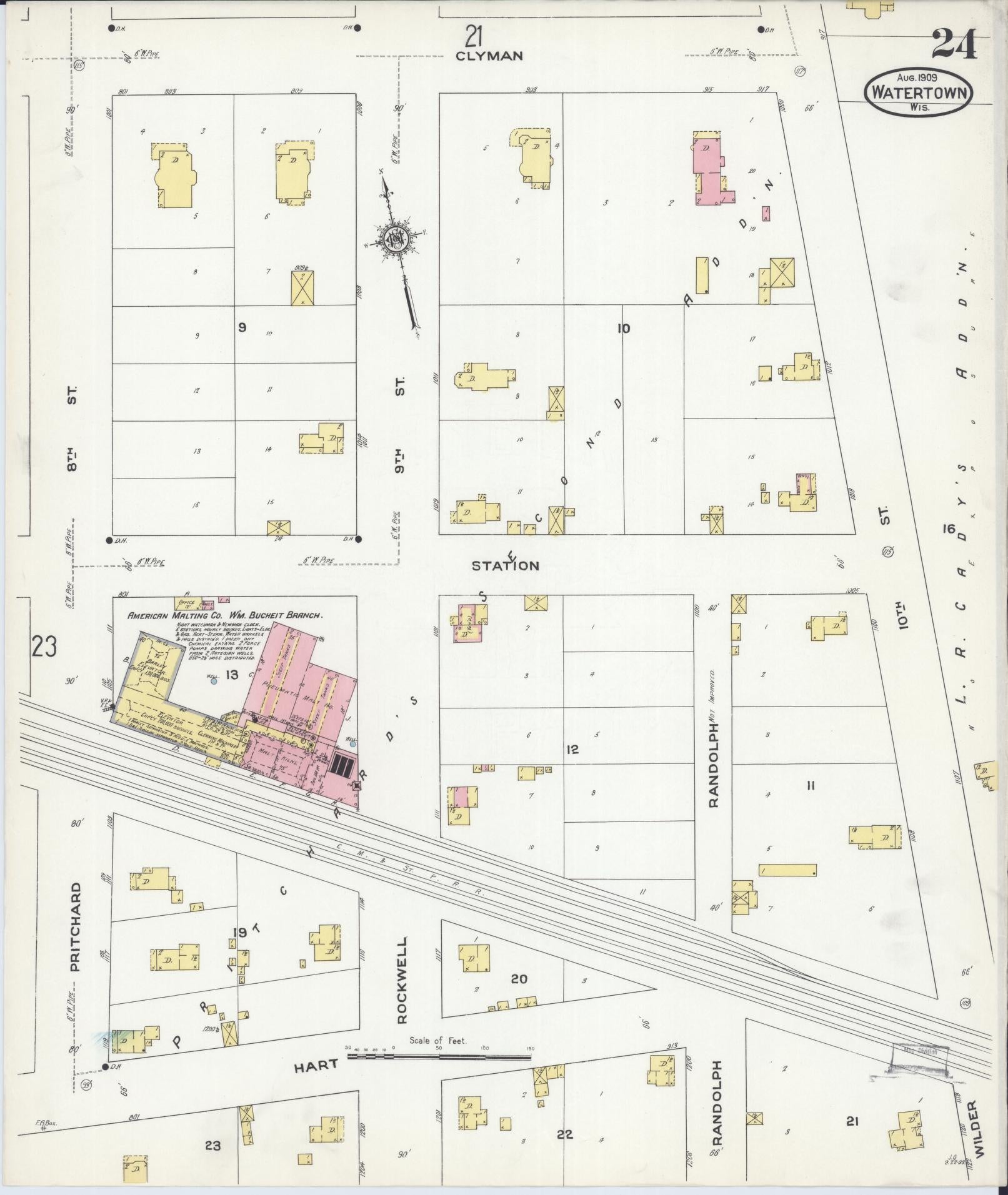 Sanborn Fire Insurance Map from Watertown, Jefferson County, Wisconsin (1909), Sheet #0024 - Historic Sanborn Fire Insurance Map Print, vintage old map wall art, antique decor, genealogy gift, Wisconsin Wisconsin map