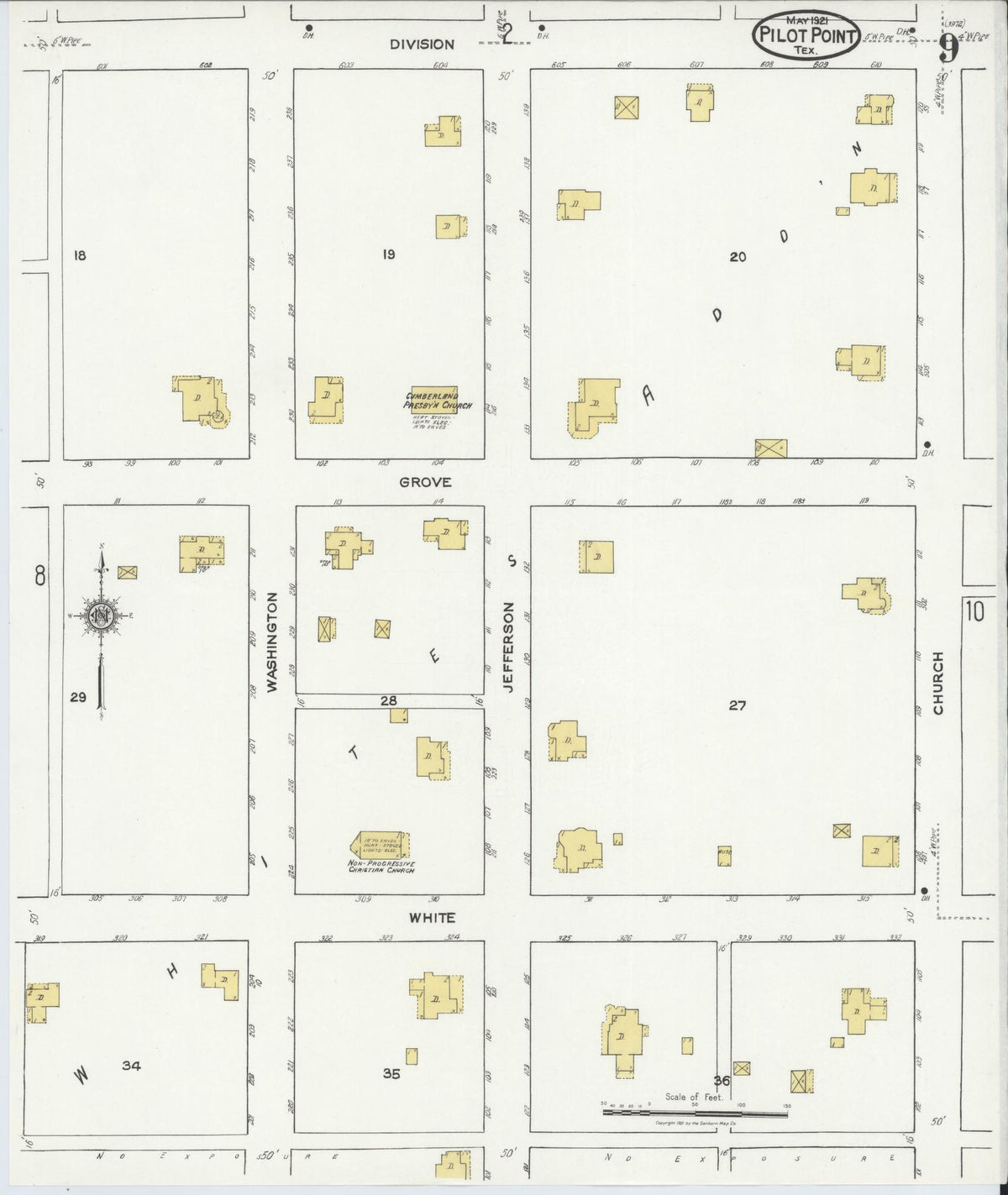Sanborn Fire Insurance Map from Pilot Point, Denton County, Texas (1921), Sheet #0009 - Complete Map Set gallery image, historic Sanborn map, vintage wall art, Texas Texas