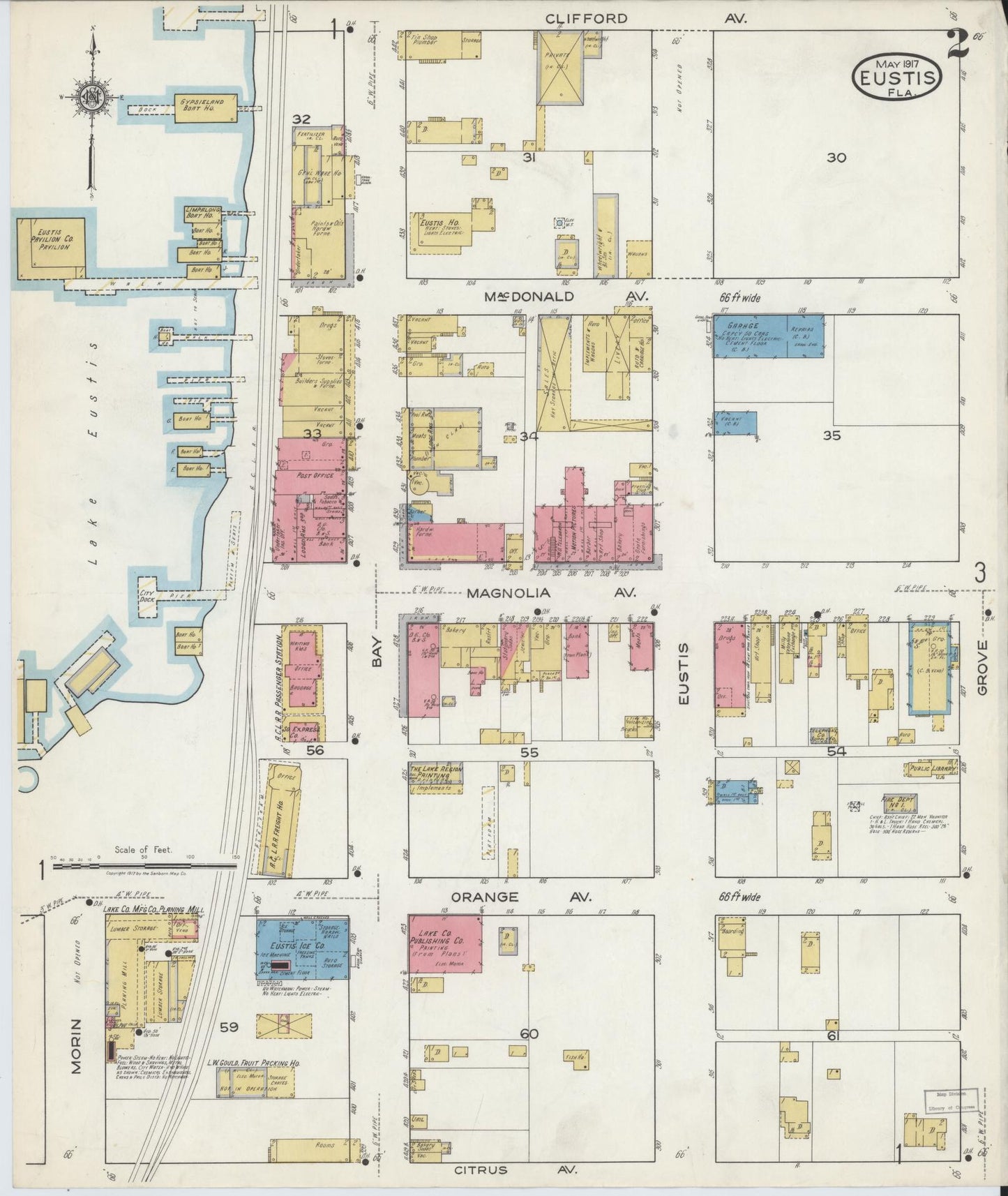 Sanborn Fire Insurance Map from Eustis, Lake County, Florida (1917), Sheet #0002 - Complete Map Set gallery image, historic Sanborn map, vintage wall art, Florida Florida