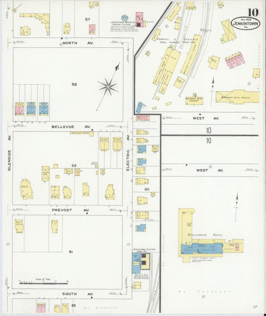 Sanborn Fire Insurance Map from Jenkintown, Montgomery County, Pennsylvania (1909), Sheet #0010 - Historic Sanborn Fire Insurance Map Print, vintage old map wall art, antique decor, genealogy gift, Pennsylvania Pennsylvania map