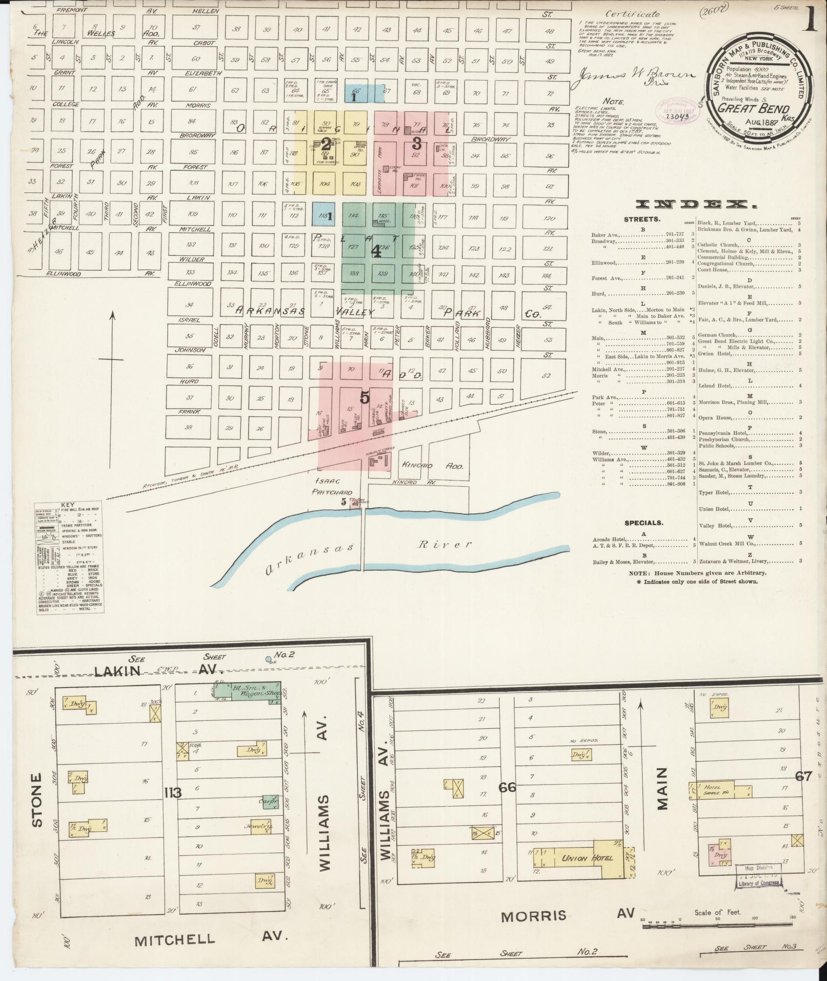Sanborn Fire Insurance Map from Great Bend, Barton County, Kansas (1887), Sheet #0001 - Complete Map Set gallery image, historic Sanborn map, vintage wall art, Kansas Kansas