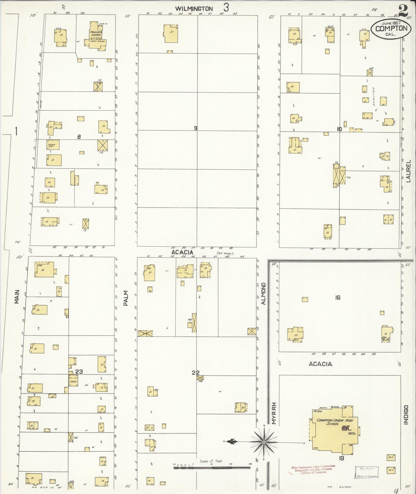 Sanborn Fire Insurance Map from Compton, Los Angeles County, California (1907), Sheet #0002 - Historic Sanborn Fire Insurance Map Print, vintage old map wall art, antique decor, genealogy gift, California California map