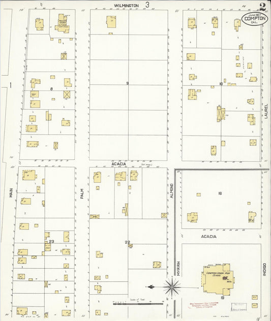 Sanborn Fire Insurance Map from Compton, Los Angeles County, California (1907), Sheet #0002 - Historic Sanborn Fire Insurance Map Print, vintage old map wall art, antique decor, genealogy gift, California California map