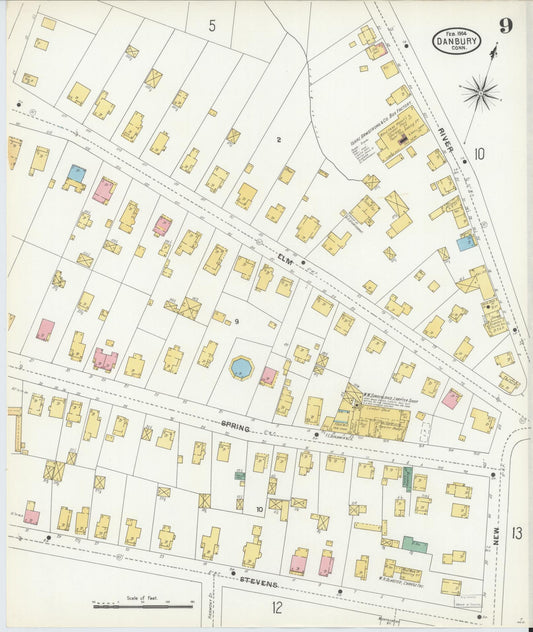Sanborn Fire Insurance Map from Danbury, Fairfield County, Connecticut (1904), Sheet #0009 - Historic Sanborn Fire Insurance Map Print, vintage old map wall art, antique decor, genealogy gift, Connecticut Connecticut map