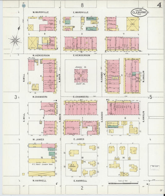 Sanborn Fire Insurance Map from Cleburne, Johnson County, Texas (1898), Sheet #0004 - Historic Sanborn Fire Insurance Map Print, vintage old map wall art, antique decor, genealogy gift, Texas Texas map