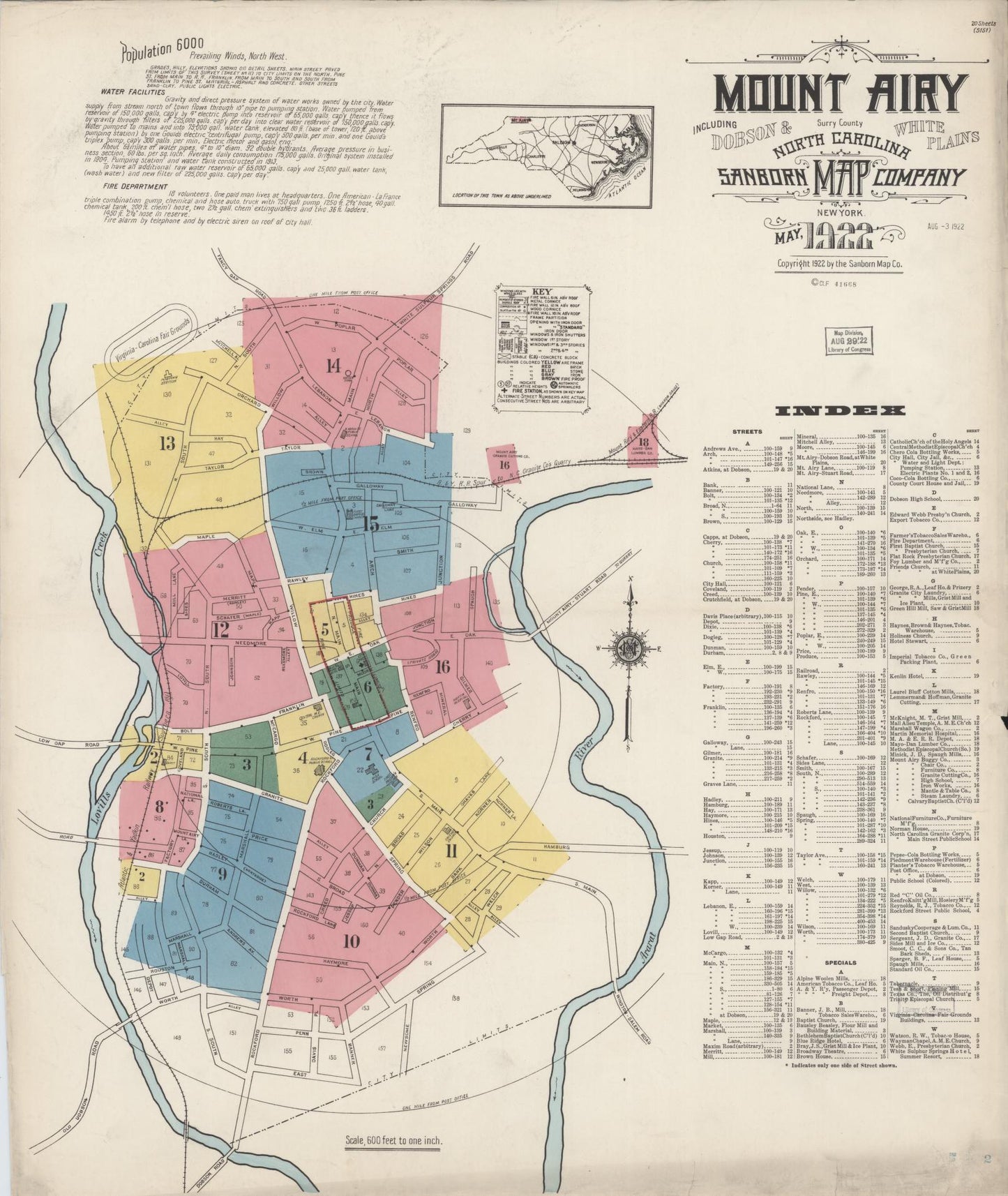 Sanborn Fire Insurance Map from Mount Airy, Surry County, North Carolina (1922), Sheet #0001 - Complete Map Set gallery image, historic Sanborn map, vintage wall art, North Carolina North Carolina