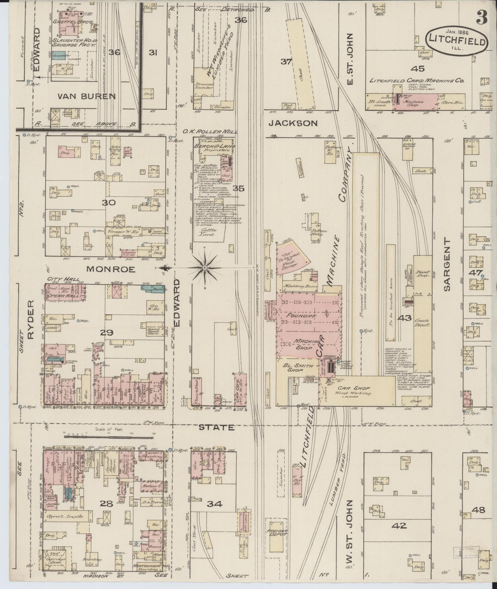 Sanborn Fire Insurance Map from Litchfield, Montgomery County, Illinois (1886), Sheet #0003 - Historic Sanborn Fire Insurance Map Print, vintage old map wall art, antique decor, genealogy gift, Illinois Illinois map