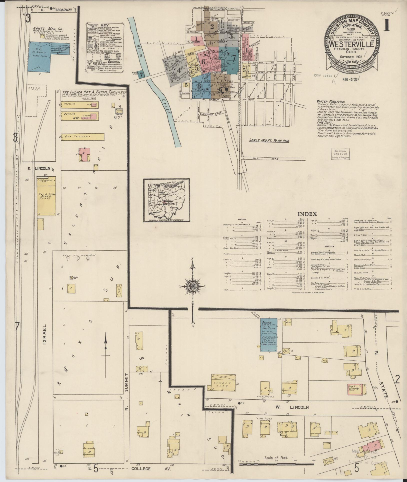 Sanborn Fire Insurance Map from Westerville, Franklin County, Ohio (1922), Sheet #0001 - Complete Map Set gallery image, historic Sanborn map, vintage wall art, Ohio Ohio