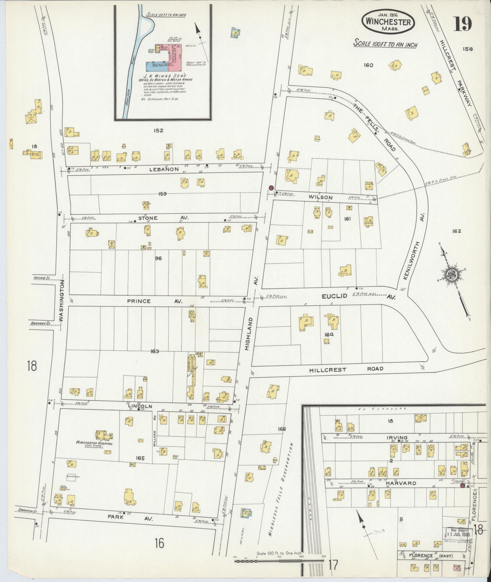 Sanborn Fire Insurance Map from Winchester, Middlesex County, Massachusetts (1916), Sheet #0019 - Complete Map Set gallery image, historic Sanborn map, vintage wall art, Massachusetts Massachusetts