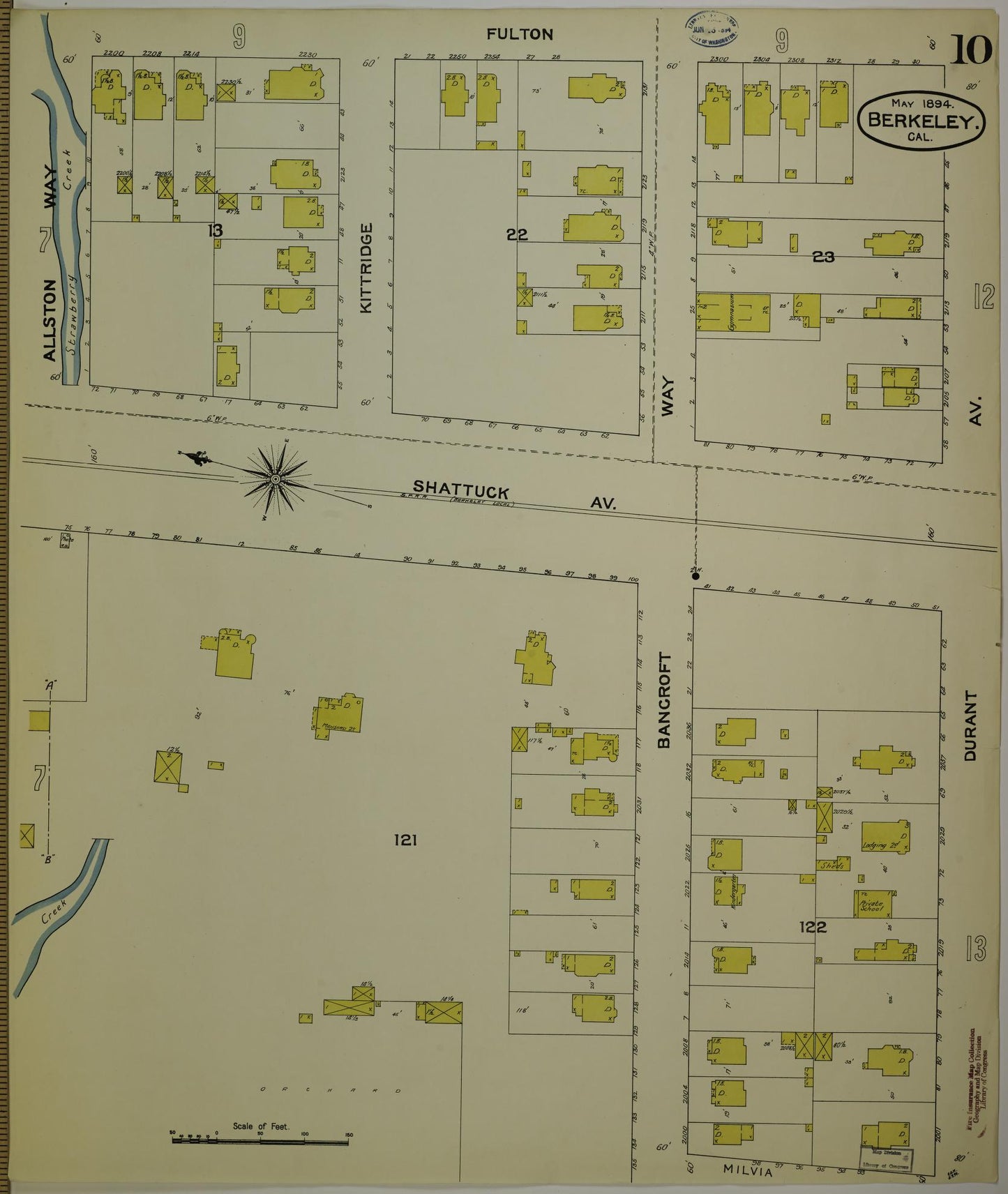 Sanborn Fire Insurance Map from Berkeley, Alameda County, California (1894), Sheet #0010 - Historic Sanborn Fire Insurance Map Print, vintage old map wall art, antique decor, genealogy gift, California California map