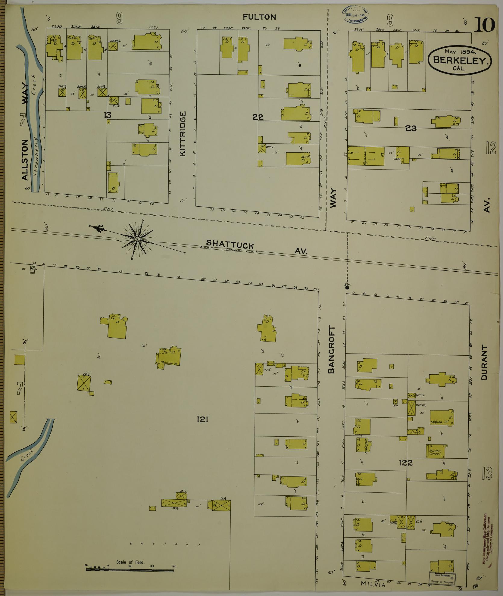 Sanborn Fire Insurance Map from Berkeley, Alameda County, California (1894), Sheet #0010 - Historic Sanborn Fire Insurance Map Print, vintage old map wall art, antique decor, genealogy gift, California California map
