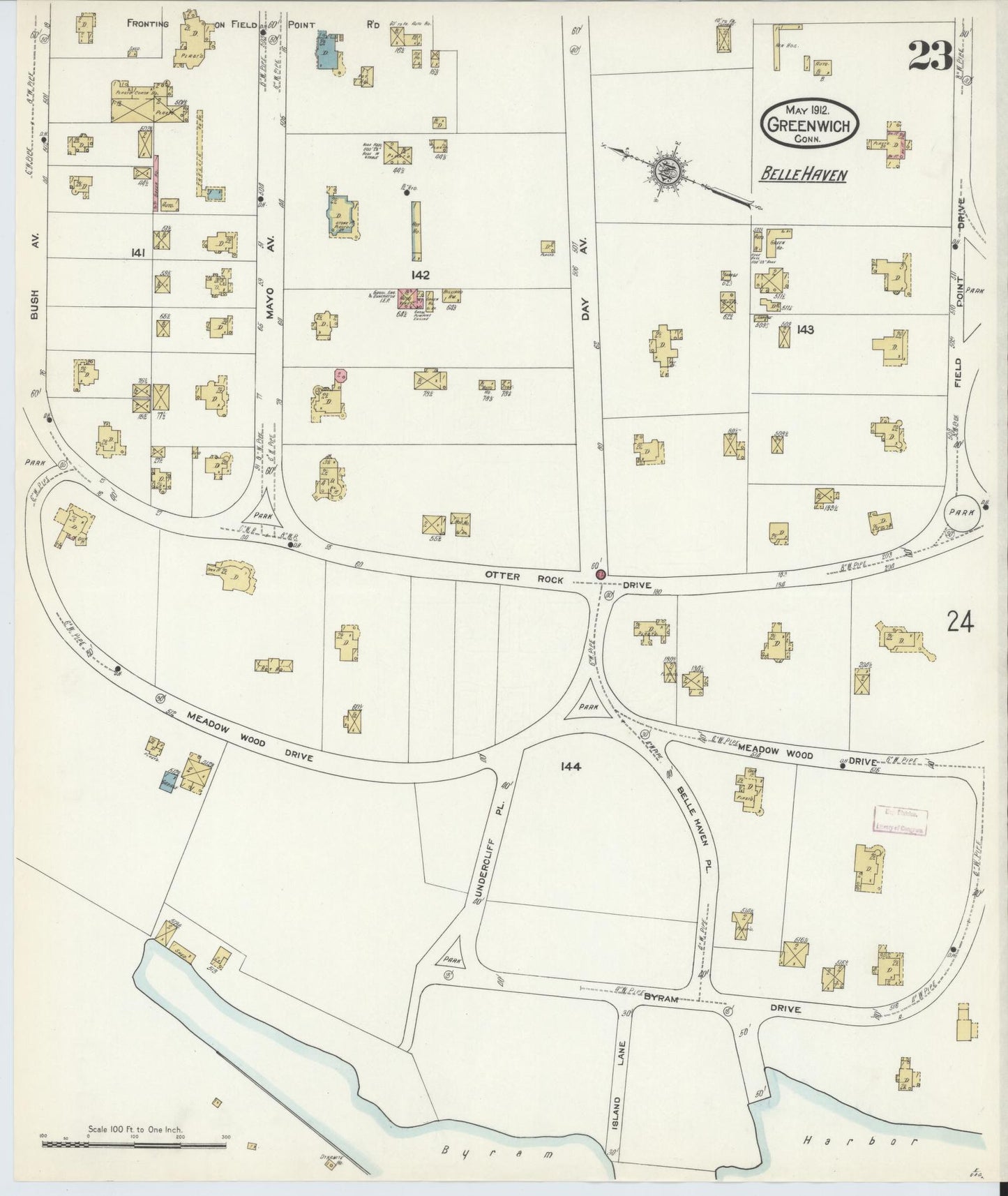 Sanborn Fire Insurance Map from Greenwich, Fairfield County, Connecticut (1912), Sheet #0023 - Historic Sanborn Fire Insurance Map Print, vintage old map wall art, antique decor, genealogy gift, Connecticut Connecticut map