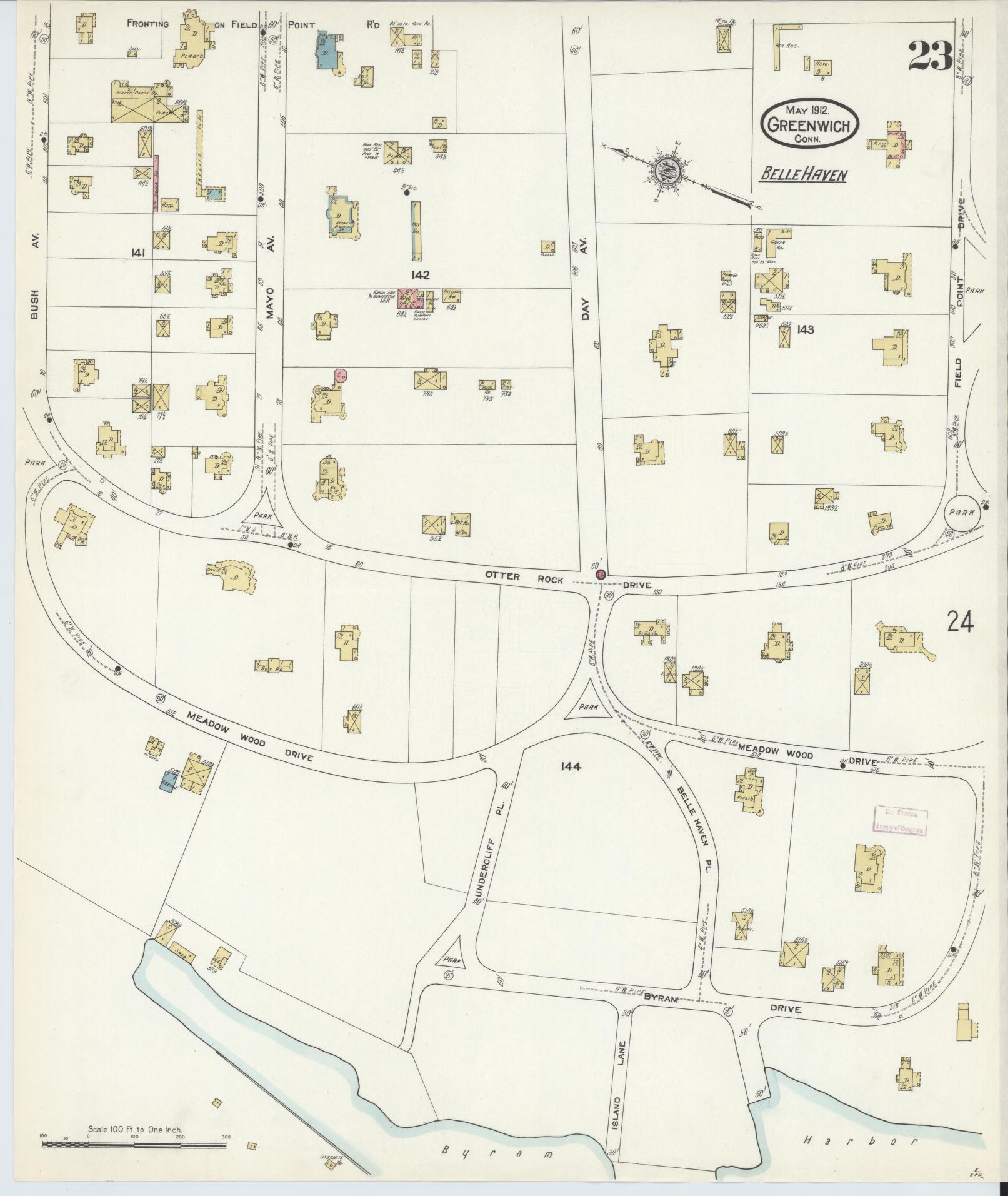 Sanborn Fire Insurance Map from Greenwich, Fairfield County, Connecticut (1912), Sheet #0023 - Historic Sanborn Fire Insurance Map Print, vintage old map wall art, antique decor, genealogy gift, Connecticut Connecticut map