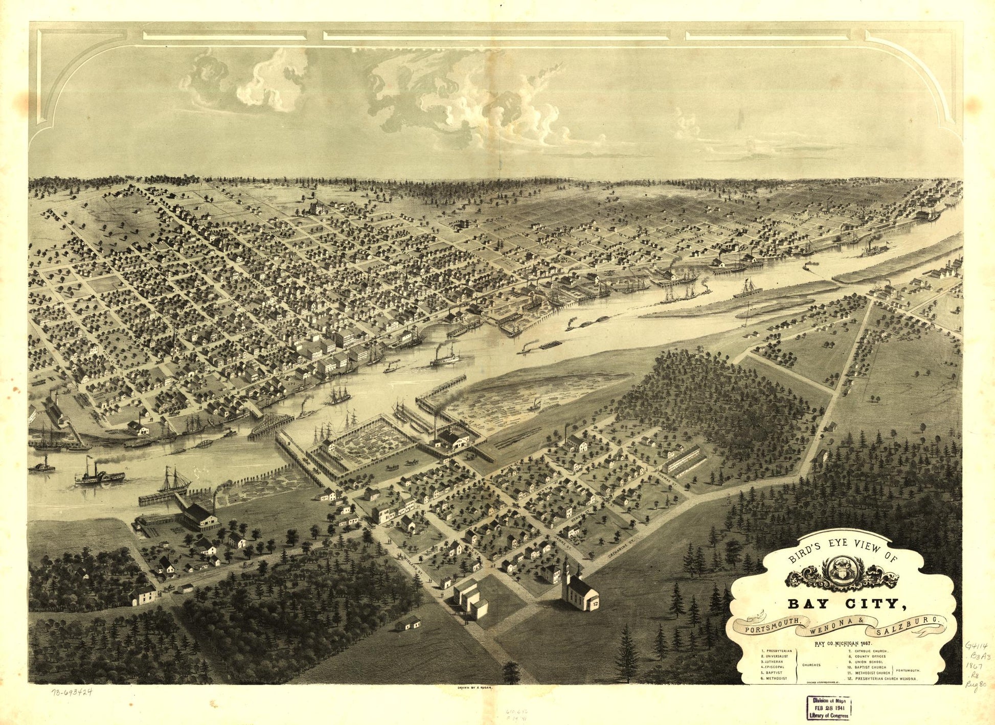 Bird's eye view of Bay City, Portsmouth, Wenona & Salzburg, Bay Co., Michigan 1867. (1867) – Historic Bird’s-Eye View Panorama Print