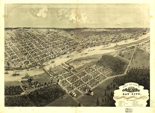 Bird's eye view of Bay City, Portsmouth, Wenona & Salzburg, Bay Co., Michigan 1867. (1867) – Historic Bird’s-Eye View Panorama Print