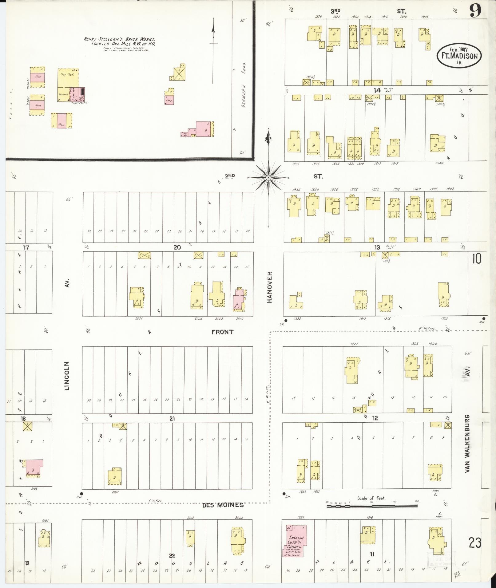 Sanborn Fire Insurance Map from Fort Madison, Lee County, Iowa (1907), Sheet #0009 - Historic Sanborn Fire Insurance Map Print, vintage old map wall art