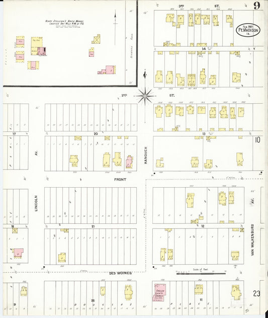 Sanborn Fire Insurance Map from Fort Madison, Lee County, Iowa (1907), Sheet #0009 - Historic Sanborn Fire Insurance Map Print, vintage old map wall art