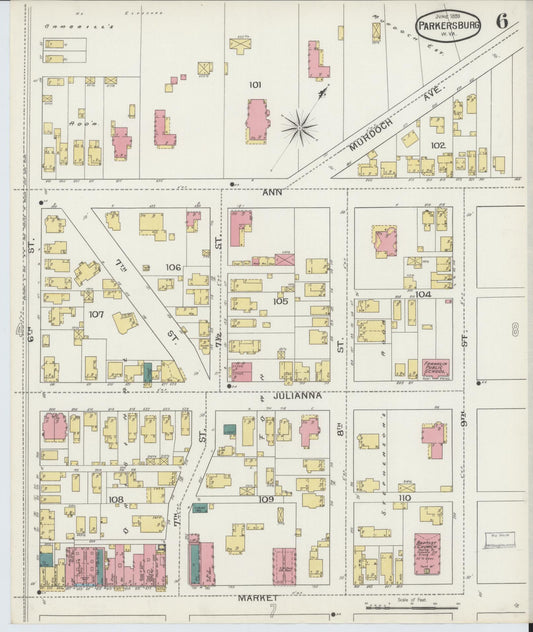 Sanborn Fire Insurance Map from Parkersburg, Wood County, West Virginia (1893), Sheet #0006 - Historic Sanborn Fire Insurance Map Print, vintage old map wall art, antique decor, genealogy gift, West Virginia West Virginia map