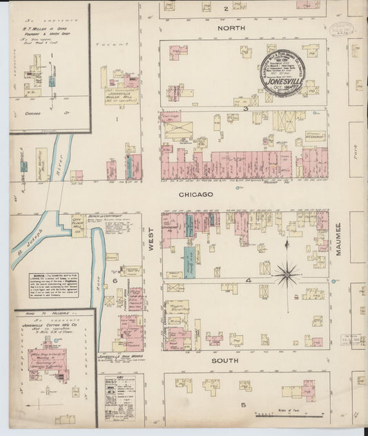 Sanborn Fire Insurance Map from Jonesville, Hillsdale County, Michigan (1884), Sheet #0001 - Historic Sanborn Fire Insurance Map Print, vintage old map wall art, antique decor, genealogy gift, Michigan Michigan map